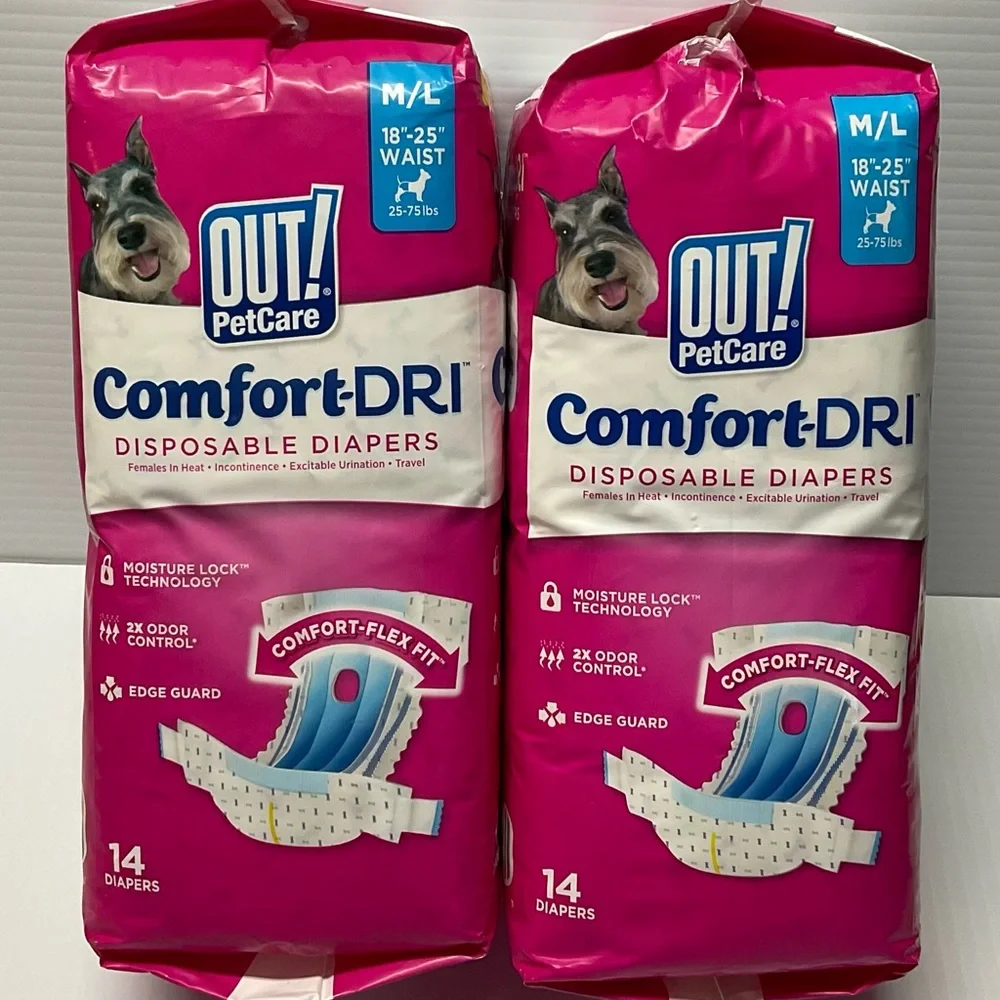 OUT! Pet Care Disposable Diapers For Pets 2 Pack. Size M/L 18”-25”